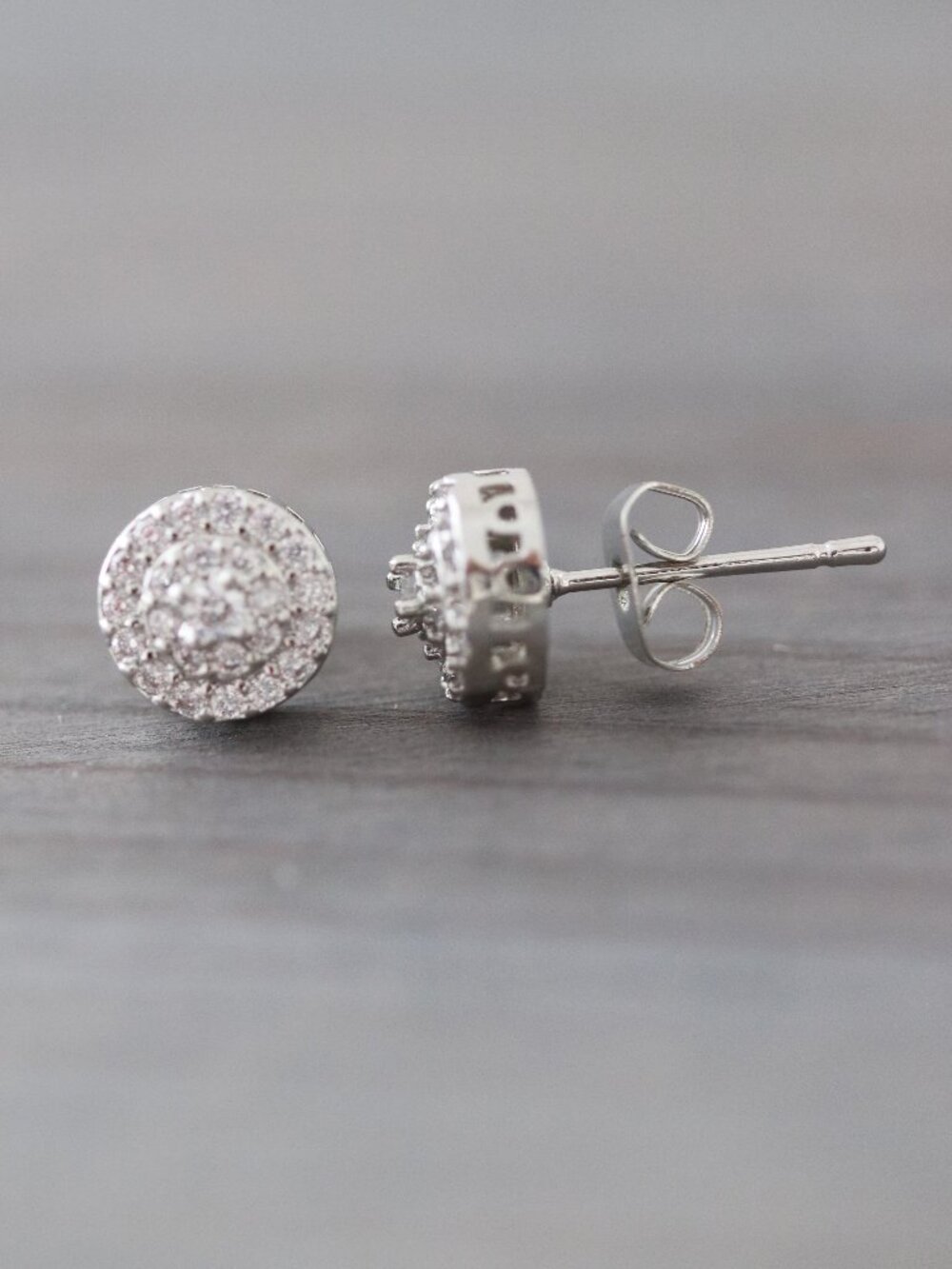 Round Pave CZ Diamond Stud Earrings Silver Stainless Steel